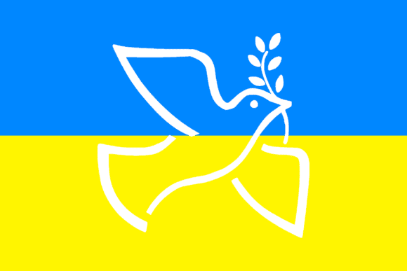 Symbol der Kundgebung in Iserlohn, eine Friedenstaube mit den Farben der Ukraine 