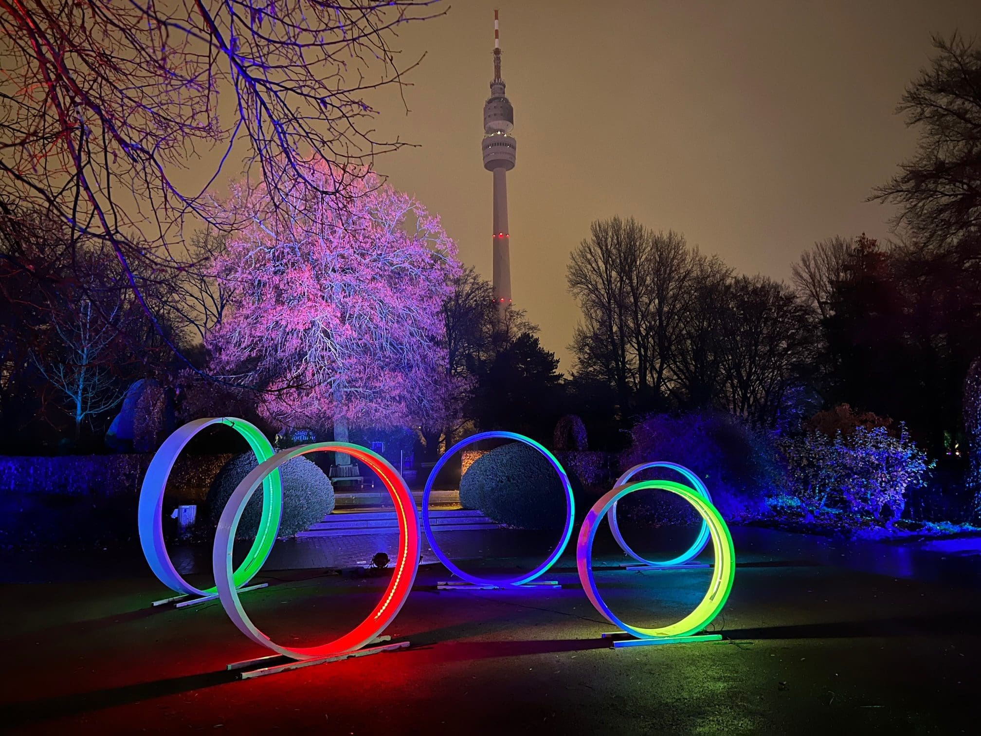 Die Ringe gehören zu den Neuinstallationen, die  beim Winterleuchten im Westfalenpark eine anmutige Stimmung erzeugen. Foto - World of lights