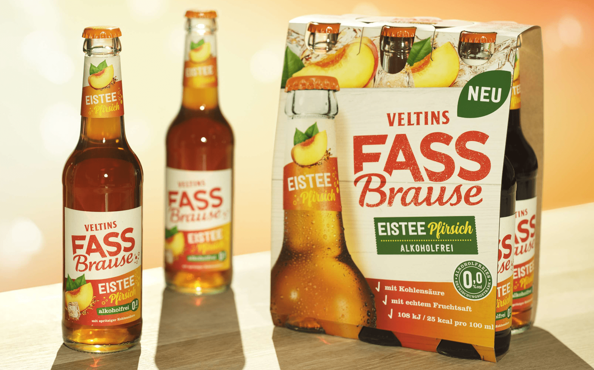Die Brauerei C. & A. Veltins hat ihr Fassbrause Sortiment erweitert, mit der neuen Geschmacksrichtung Eistee Pfirsich - Foto Veltins
