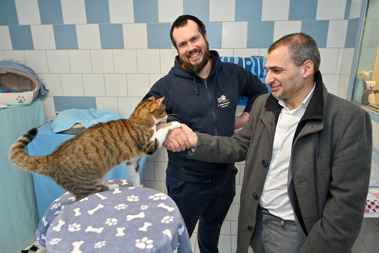 Kater Alfred besiegelt mit seiner Pfote die Kooperation zwischen Julian Behrmann stellvertretend für das Bochumer Tierheim und Meheddiz Gürle stellvertretend für die Stadtbücherei Bochum, 22.03.2023. +++ Foto: Lutz Leitmann/Stadt Bochum