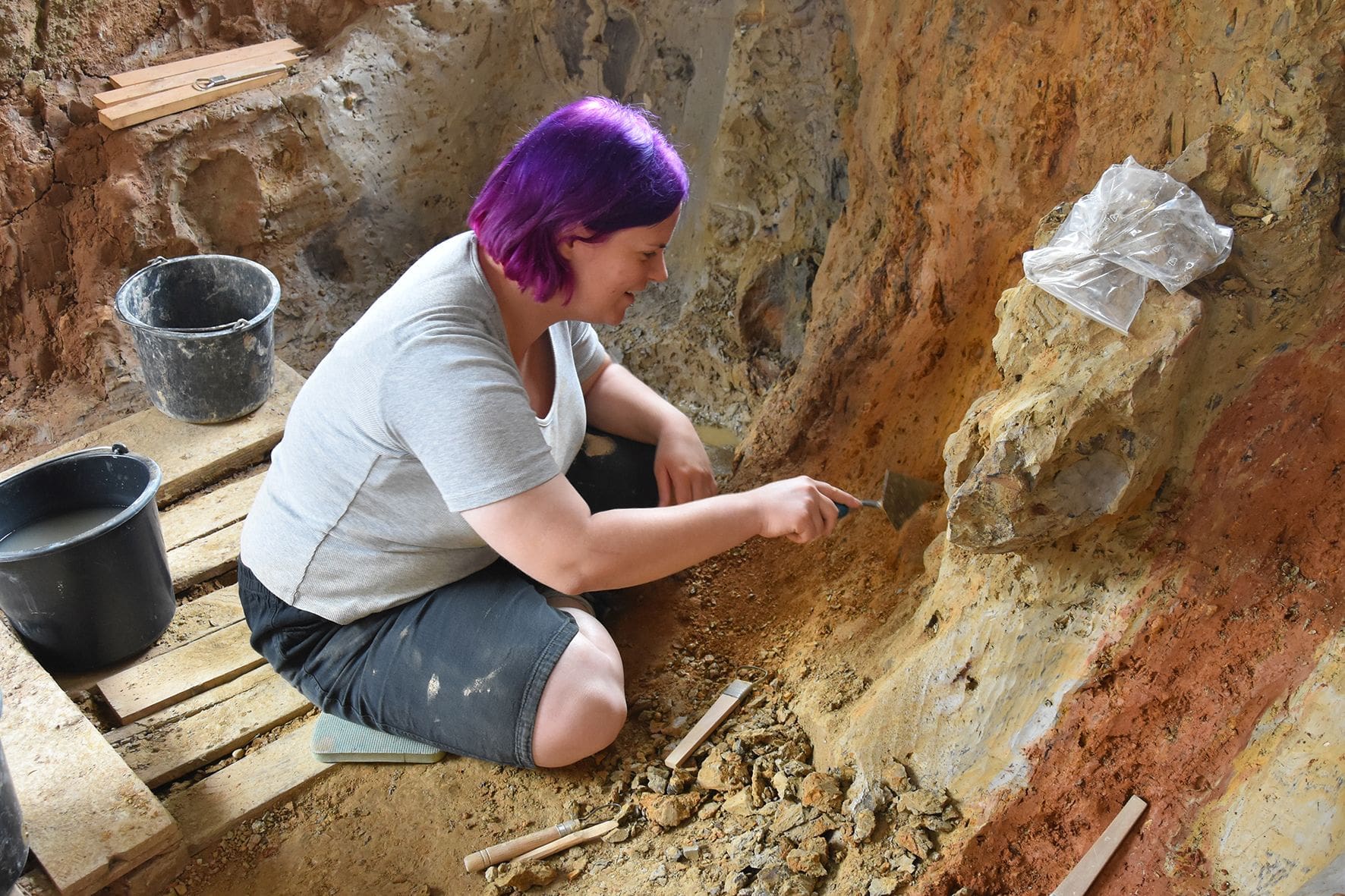 Die Fundstelle bei Balve liefert keine großen Knochen oder Skelette. Die Fossilien sind meinst klein und fragmentarisch erhalten. Die Grabungsmethoden sind entsprechend kleinteilig - Foto LWL/Schwermann