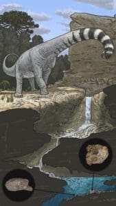 Schematische Rekonstruktion des Ablagerungsvorgangs. Die fossilen Reste der Dinosaurier (im Bild ein Langhalssaurier) haben sich bei Balve in einem Karsthöhlensystem erhalten. Hier wurden sie vor 125 Millionen Jahren eingespült und tief unter der Erdoberfläche abgelagert. Nur so konnten sie bis heute erhalten bleiben - Rekonstruktion Joschua Knüppe, Ibbenbüren, 2022