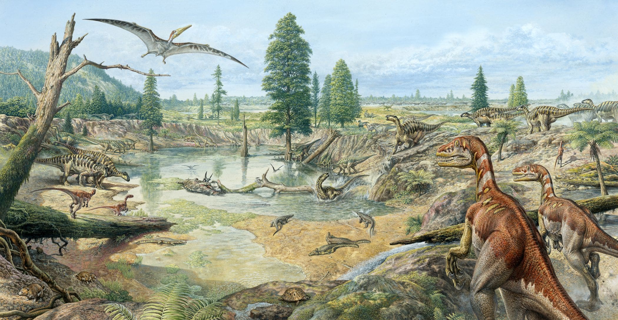 lve vor 125 Millionen Jahren. In der Bildmitte und hinten rechst iguanodonte Vogelfußdinosaurier - Rekonstruktion John Sibbick, 2005.